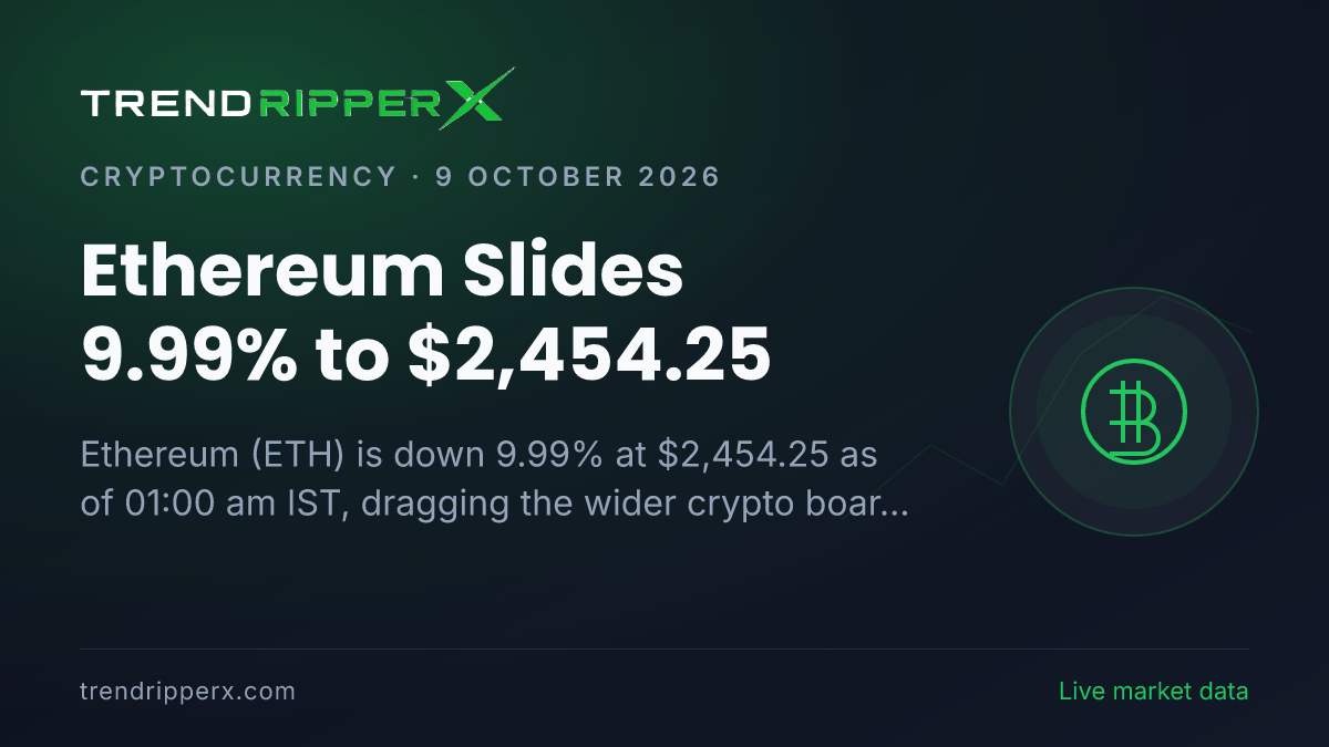 Breaking: Ethereum Slides 9.99% to $2,454.25 (9 October 2026)