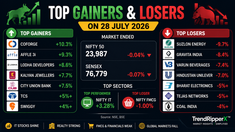 Top Gainers & Losers Today: Coforge, City Union Bank, Swiggy Shine While Suzlon, HUL & Varun Beverages Slide